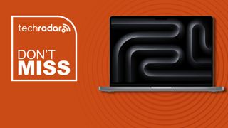 Silver MacBook Pro 2024 against an orange TechRadar deals background