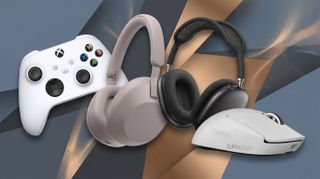 A selection of gaming peripherals, including a mouse, a joypad, and some headphones.