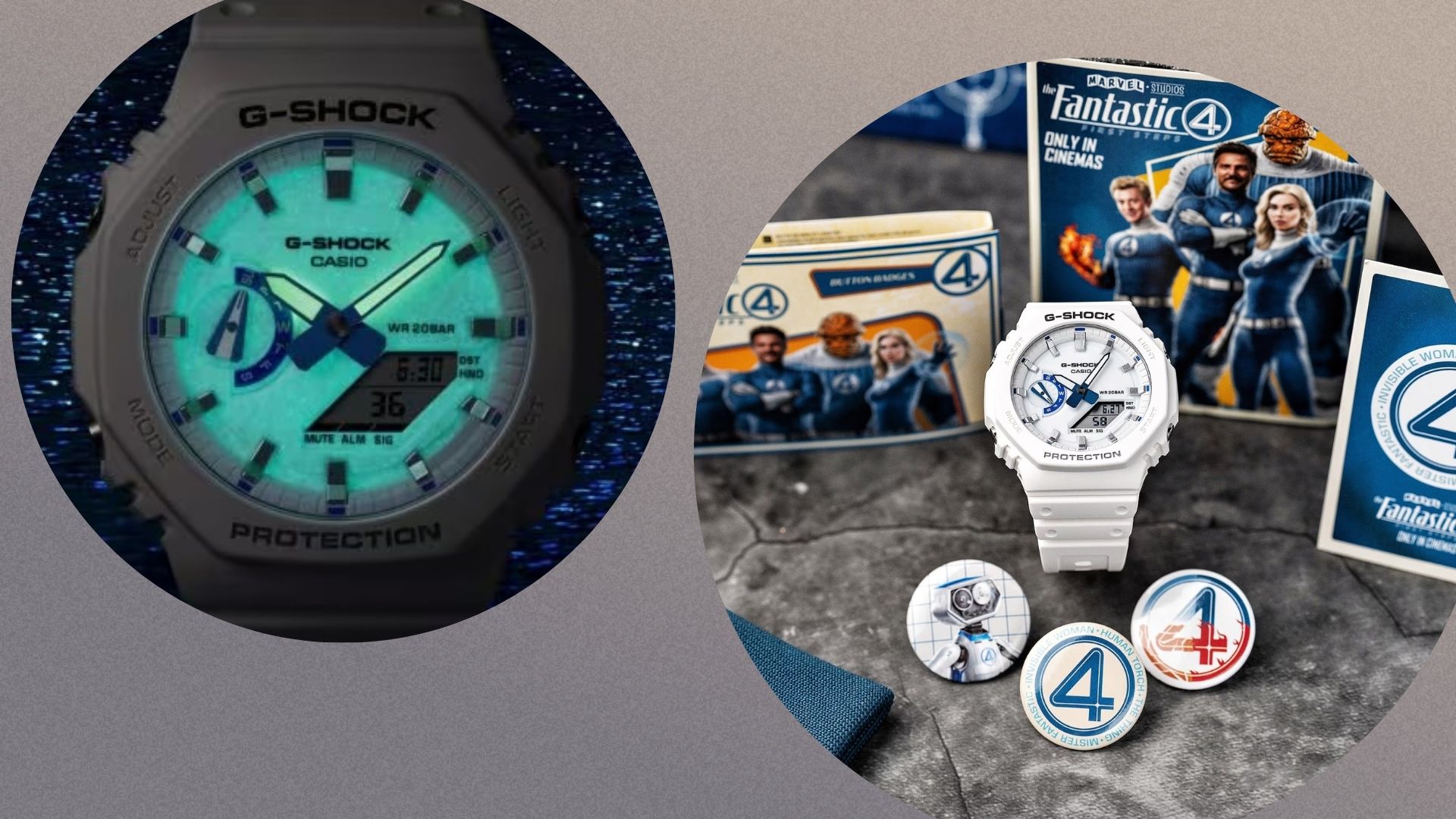 On the left, a photo of the G-Shock Fantastic Four watch glowing in the dark and on the right the collectible badges included with the watch 