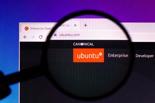 Red Ubuntu logo appearing on a web browser with a microscope over the logo, placing emphasis on it