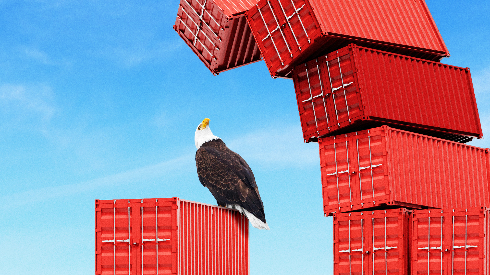 Photo composite illustration of stacked shipping containers toppling towards a bald eagle