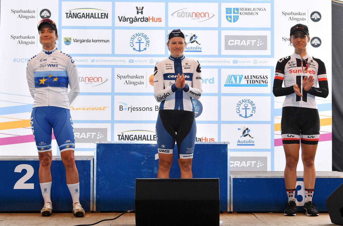 Lotta Lepist&ouml; (Cervelo-Bigla) on top step of the podium