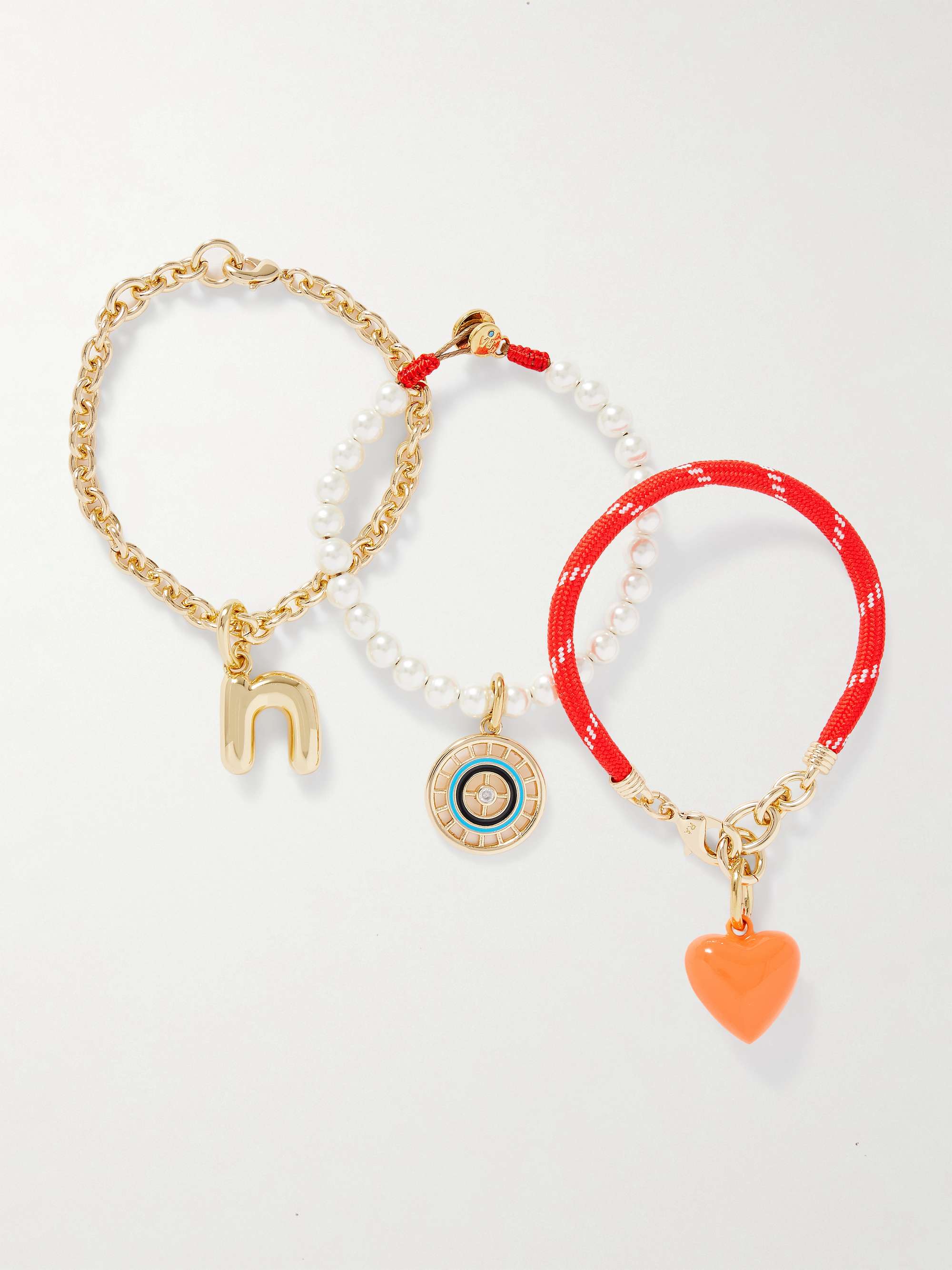 The Happy Heart Trio Set of Three Gold-Tone, Cord, Faux Pearl, Crystal and Enamel Bracelets