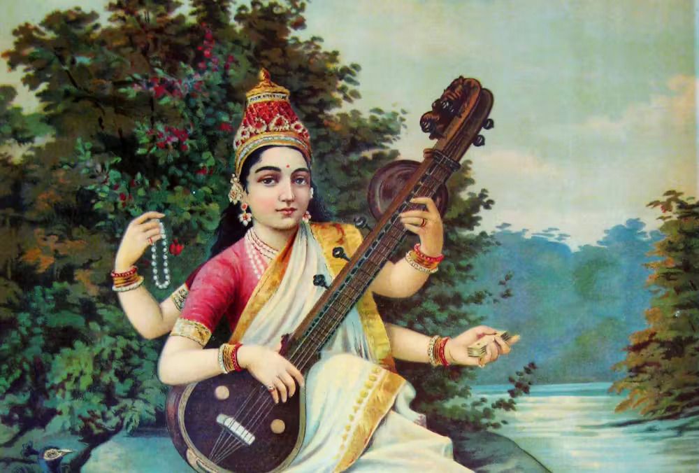 A painting of a woman with four arms playing an instrument