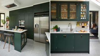 collage of two images of. dark green kitchen with glass-fronted cabinets