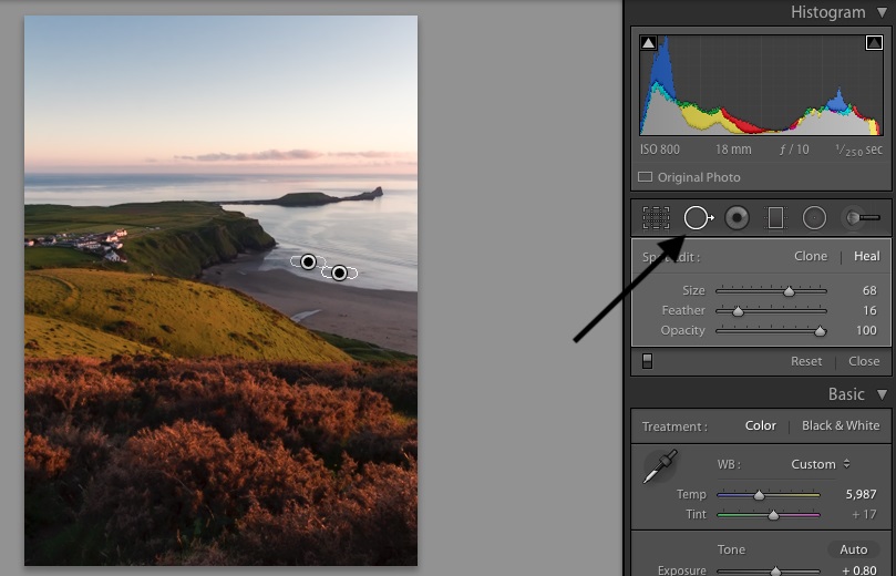 How to edit photos in lightroom: Image shows Spot Edit Clone tool