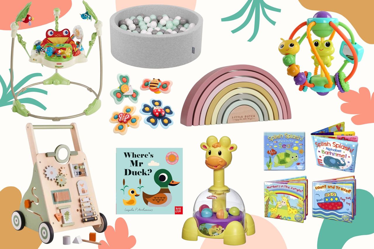 Collage showing the best toys for 6-12 month olds