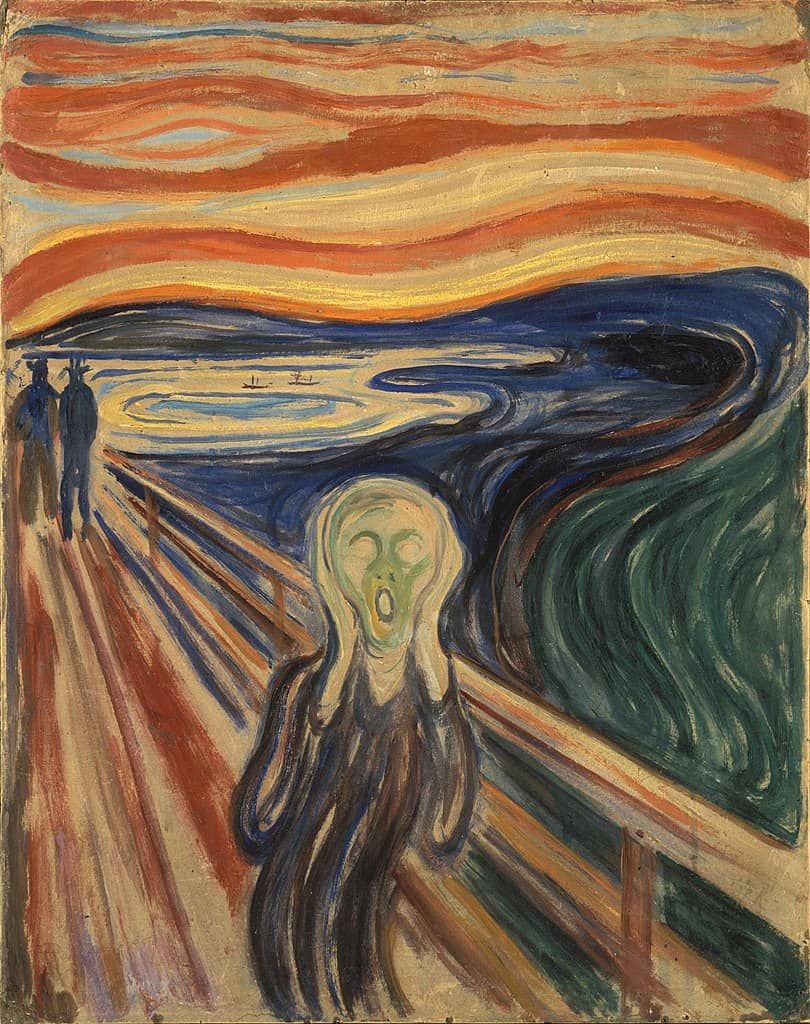 A painted scene depicting a ghostly silhouette screaming on a bridge as two more silhouettes, painted dark blue, stand behind him.