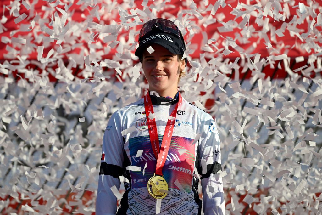 Neve Bradbury (Canyon-SRAM) in the white young rider&#039;s jersey after stage 3 at the UAE Tour Women