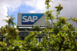 SAP logo pictured on an office building at the SAP SE campus in Walldorf, Germany