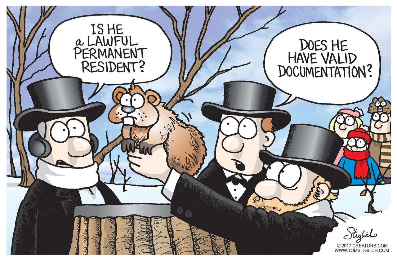 Political Cartoon U.S. Groundhog day documented immigrant