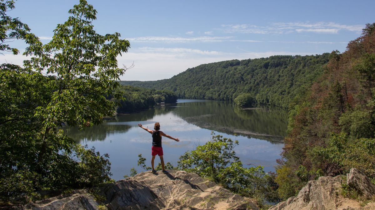  man wearing a black tank and red shorts staring the landscape