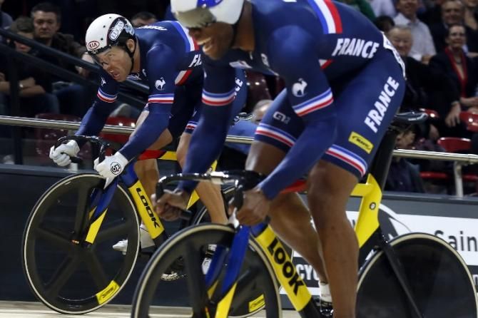 Francois Pervis and Michael Bauge in the men's sprint during an exhibition race at the inauguration ceremony of the Saint-Quentin-en-Yvelines Velodrome
