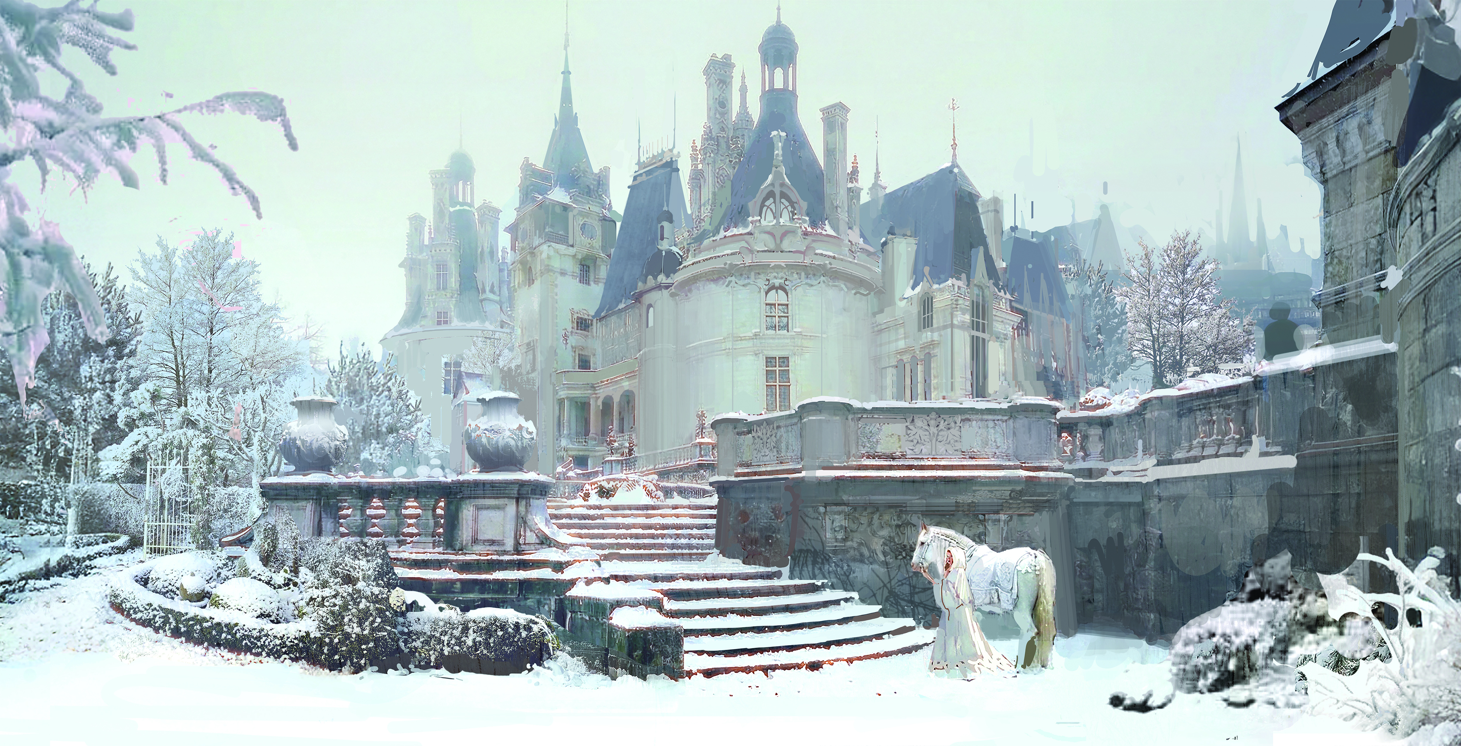 Digital art showing a snowy fairytale castle scene