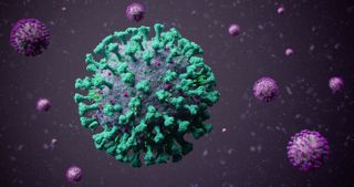 An illustration of a coronavirus particle.