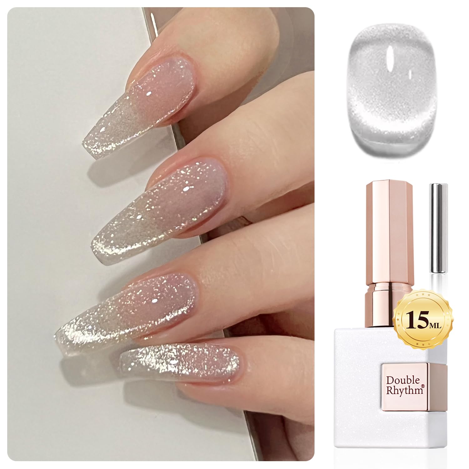 Double Rhythm 0.5 Oz Cat Eye Gel Polish With Magnet 15ml Holographic Glitter Shimmer Translucent Jelly Color Magnetic Polish Salon Diy at Home (silver-Mc1019)