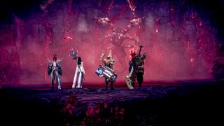 Lost Ark PC screenshots showing four players lining up against a boss creature