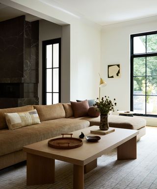 Neutral living room with pale brown sofa and dark marble fireplace