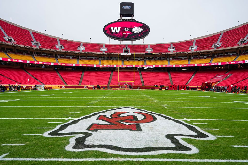 KANSAS CITY, MISSOURI - OCTOBER 27: Detail view of the Kansas City Chiefs logo prior to an NFL football game between the Washington Commanders and the Kansas City Chiefs at Arrowhead Stadium on October 27, 2025 in Kansas City, Missouri. (Photo by Perry Knotts/Getty Images)