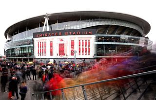 A general view outside of the Remember Who You Are stadium wrap prior to the Premier League match between Arsenal FC and Brentford FC at Emirates Stadium on February 11, 2023 in London, England.