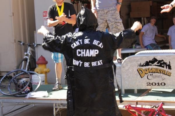 Mark Weir (WTB-Santa Cruz) pranced to the podium wearing a custom robe