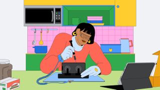 A 2D graphic depicting an Apple customer repairing their own device at home