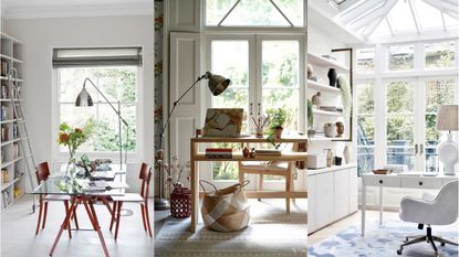 Three images in a header of home offices with natural light