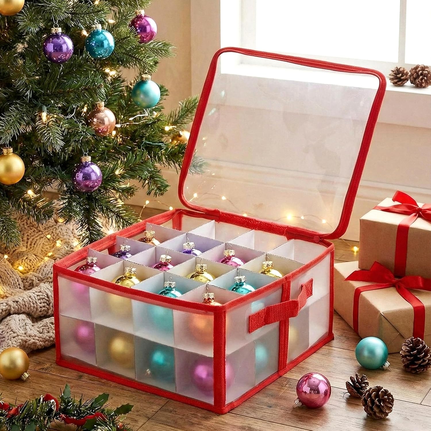 Christmas Tree Baubles Storage Box Zip Up Xmas Ornaments Decoration Organiser With Carry Handles (baubles Storage Bag (l 30 X W 30 X H 15 Cm))