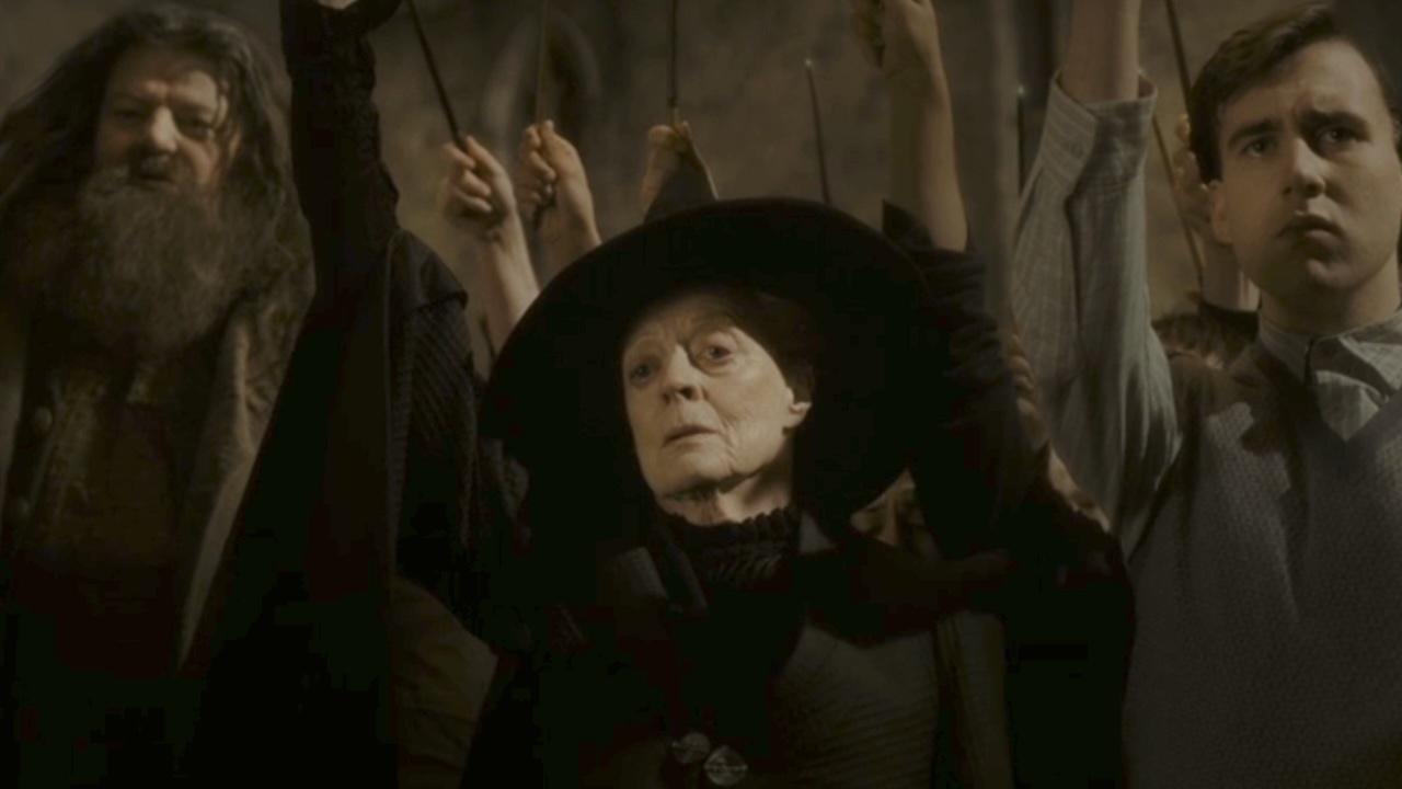 Maggie Smith raising her wand in Harry Potter and the Half-Blood Prince