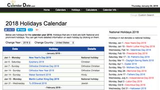 2018 holiday calendar