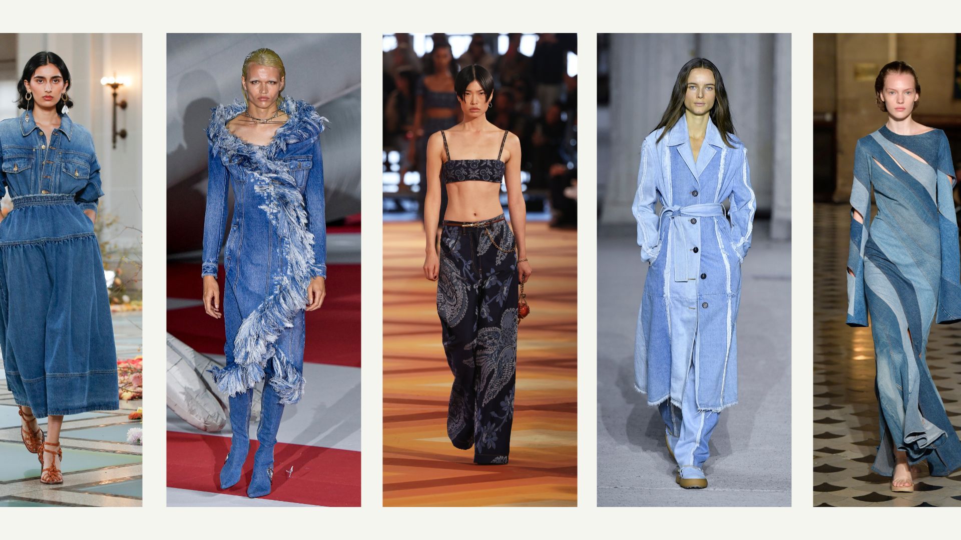 A composite of models on the runway showing fashion trends 2023 Y2K denim