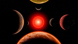 graphic illustration of planets in a goldilocks zone or habitable zone around a host star.