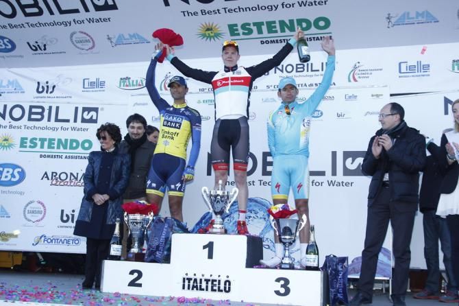 GP Nobili Rubinetterie podium (L-R): Daniele Bennati, 2nd; Bob Jungels, 1st; Simone Ponzi, 3rd