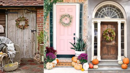 Three fall-themed front doors of different styles