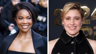 On the left, Gabrielle Union is pictured with a voluminous Tinkerbell-style Pixie at the Schiaparelli Haute Couture Spring-Summer 2025 show as part of Paris Fashion Week on January 27, 2025 in Paris, France, and on the right, Greta Gerwig is pictured with a tousled pixie cut at the Will Rogers Motion Picture Pioneers Foundation's Pioneer Dinner Honoring Greta Gerwig at The Beverly Hilton on September 25, 2024 in Beverly Hills, California.