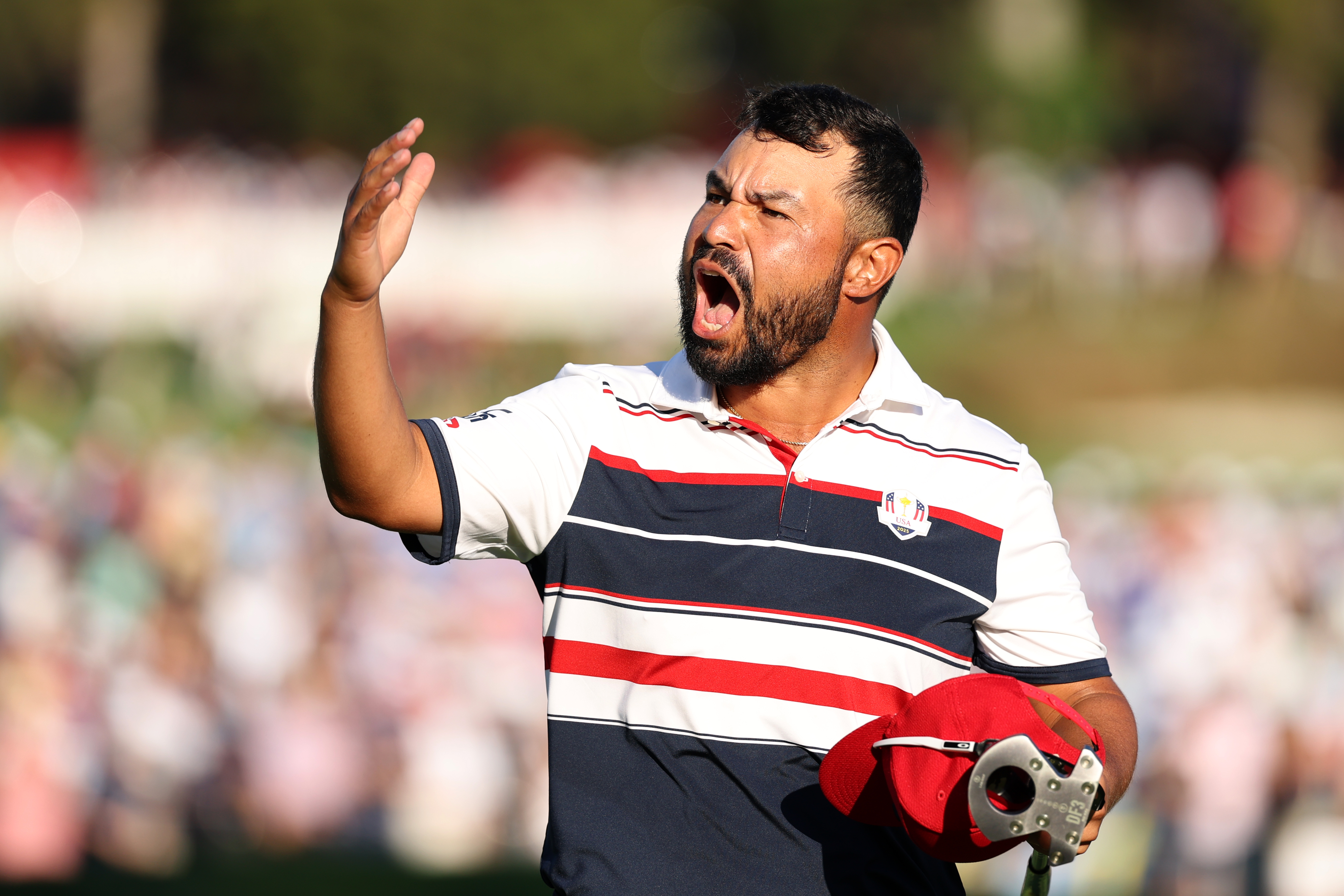 JJ Spaun celebrates at the 2025 Ryder Cup