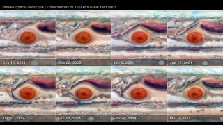 Eight sections in two rows of four show changes to Jupiter's great red spot over time.