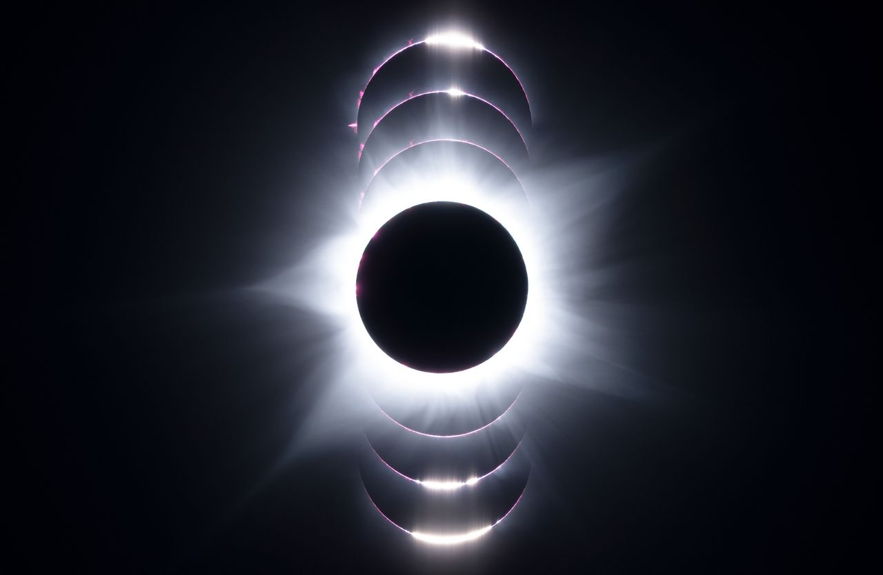 Total Solar Eclipse by Gwenael Blanck. Blanck travelled to Australia to see the 62-second long eclipse and, in this collage, shows the corona and the pink chromosphere, the prominences and Baily&#039;s beads. The image is made of seven superimposed pictures.