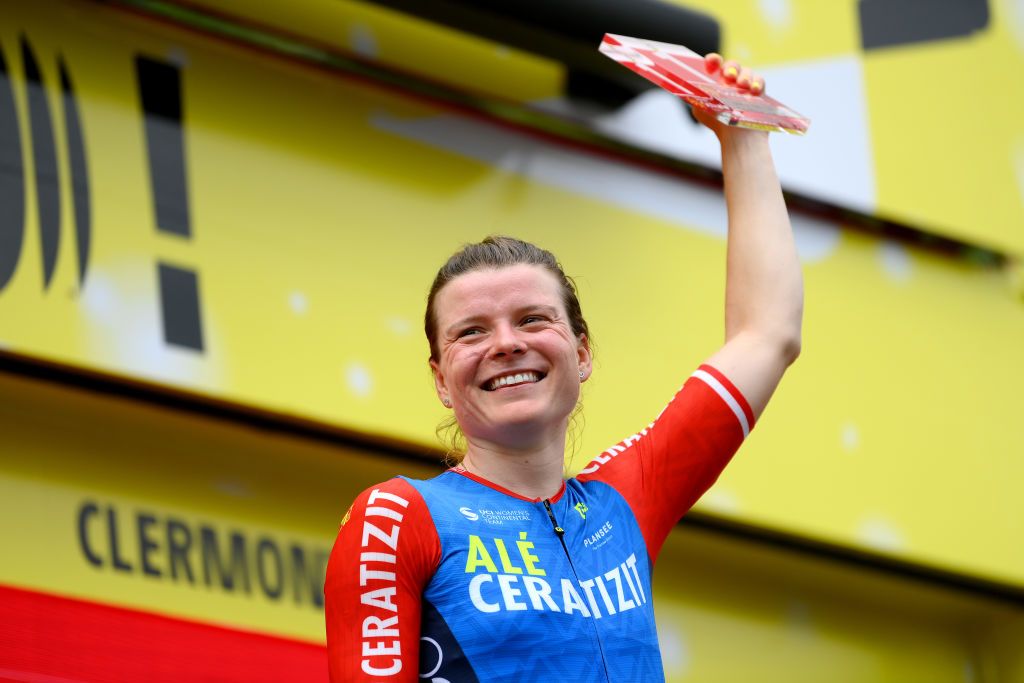 CLERMONTFERRAND FRANCE JULY 23 Marta Lach of Poland and Team CERATIZITWNT Pro Cycling celebrates at podium as most combative prize winner during the 2nd Tour de France Femmes 2023 Stage 1a 1234km stage from ClermontFerrand to ClermontFerrand UCIWWT on July 23 2023 in ClermontFerrand France Photo by Alex BroadwayGetty Images