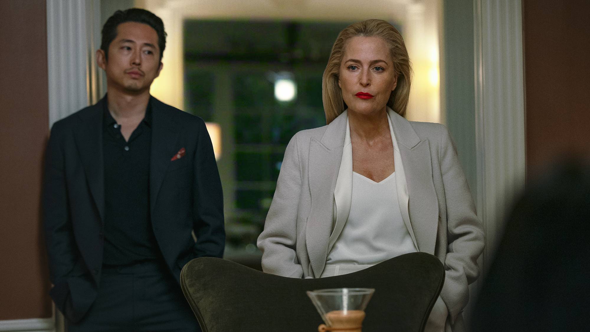 (L-R) Steven Yeun as Sam Allison and Gillian Anderson as Dayle Burton in "Animals"