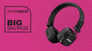 Marshall Major IV headphones on a colorful background with a sign saying 'Big savings'