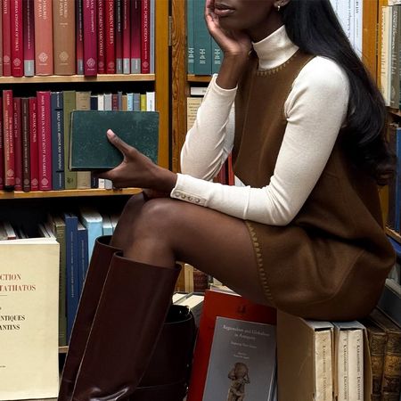 @_livmadeline wearing a brown dress and turtleneck
