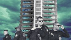 Photo collage of LAPD officers superimposed in front of the graffiti tower