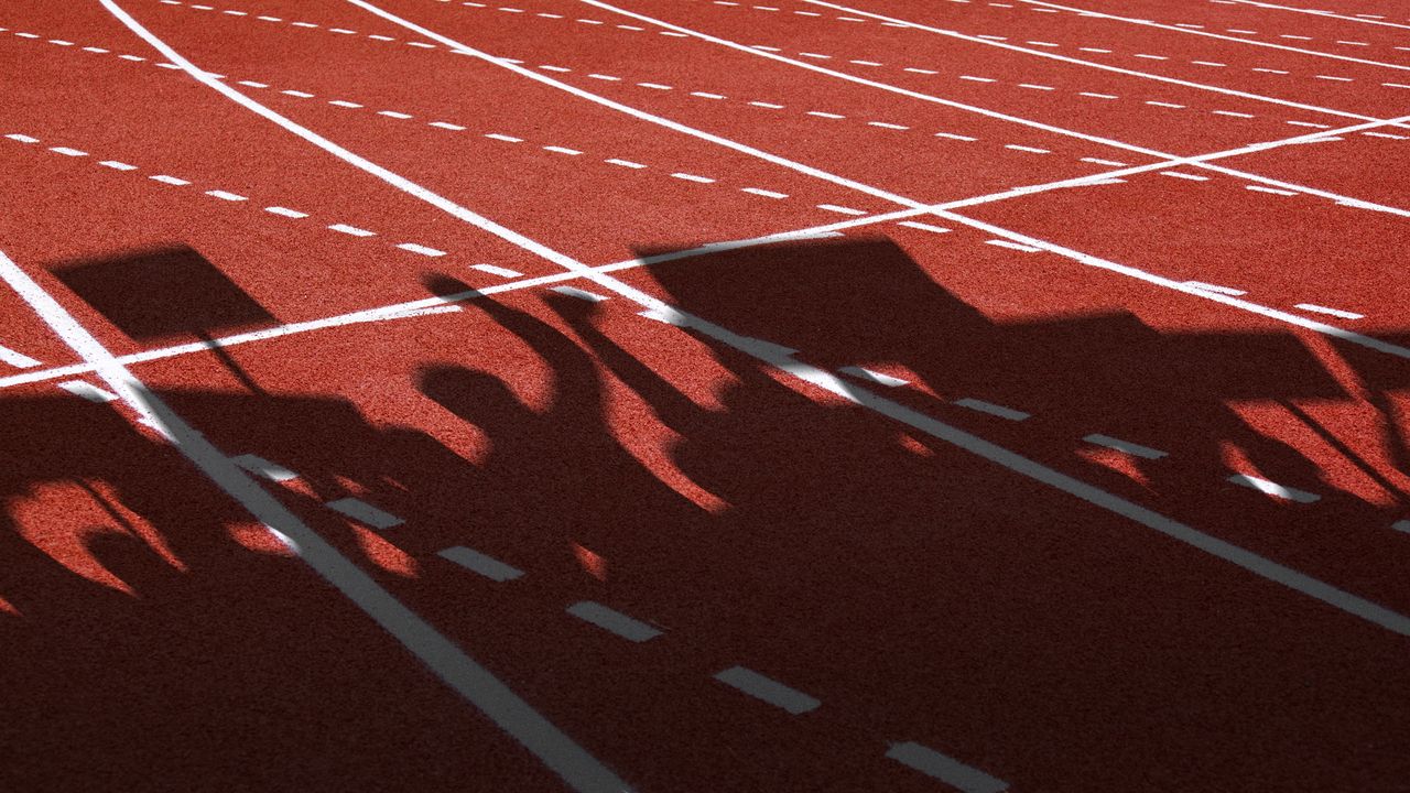 Illustration of protesters casting shadows on an athletics track