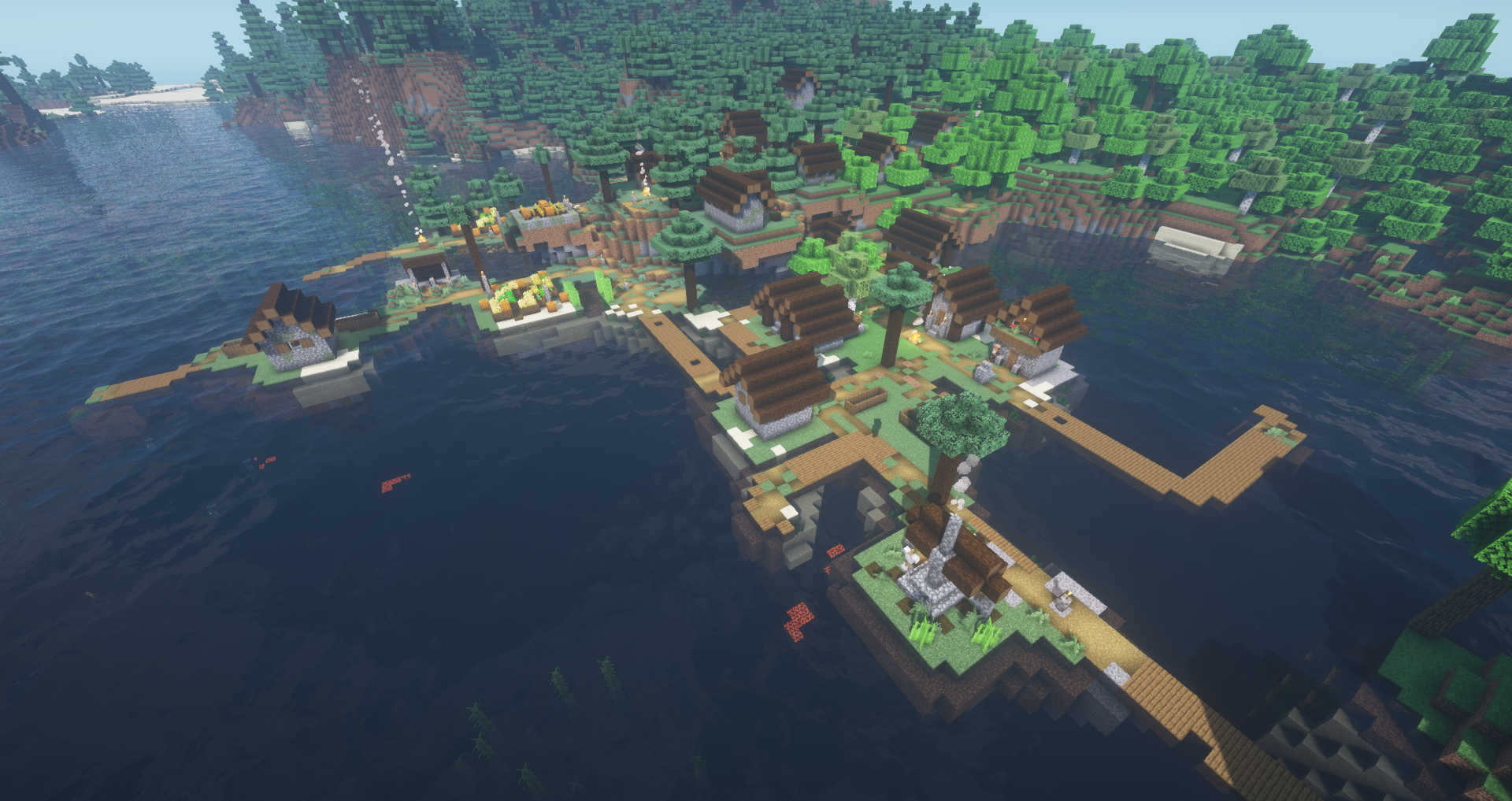 Minecraft forest village spawned on top of a lake
