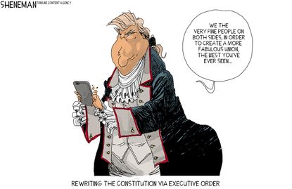 Political cartoon U.S. Trump birthright executive order rewriting Constitution