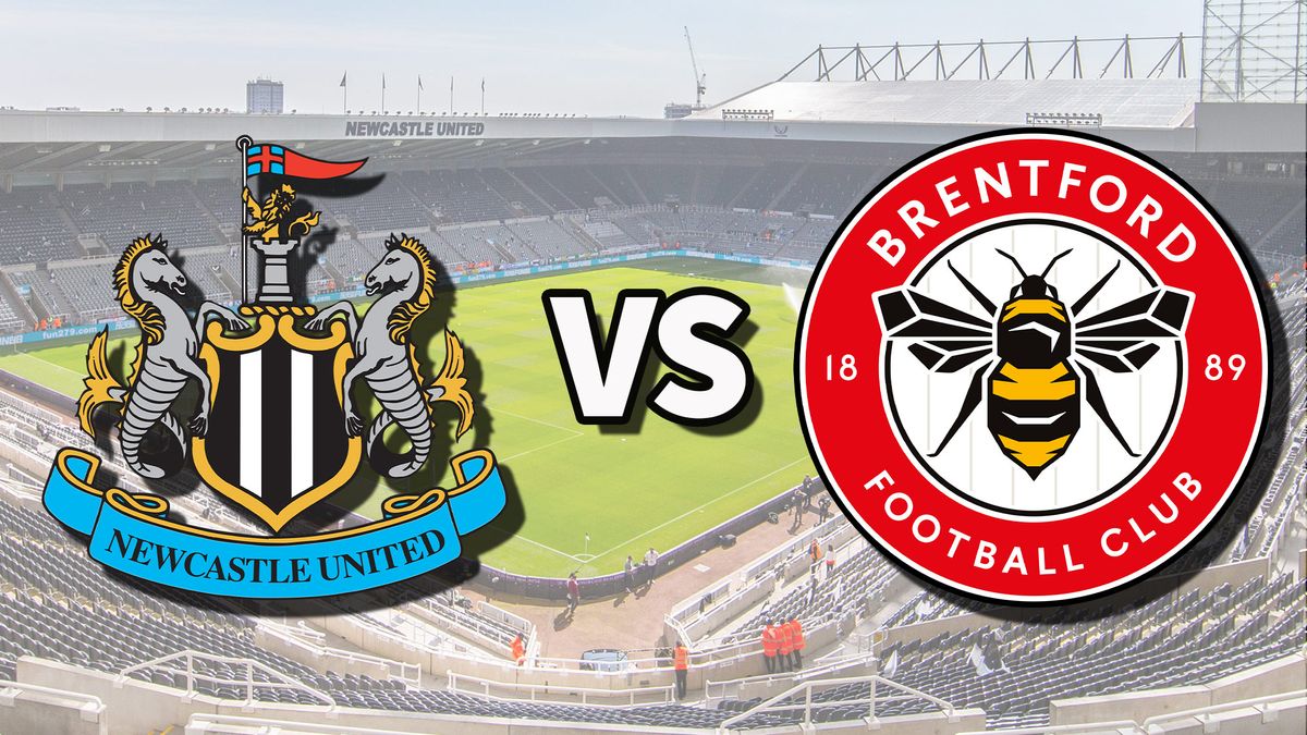 The Newcastle United and Brentford club badges on top of a photo of St. James&#039; Park in Newcastle-upon-Tyne, England