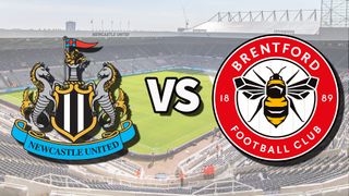 The Newcastle United and Brentford club badges on top of a photo of St. James' Park in Newcastle-upon-Tyne, England