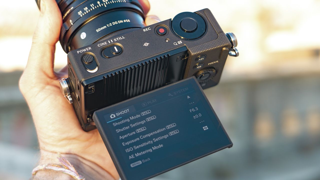 The Sigma FP2 mirrorless camera in user's hand, at golden hour outdoors, with a close up of the rear screen which is tilted up