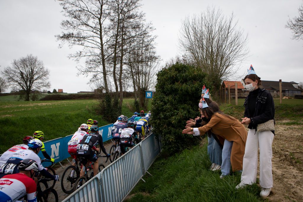 Spectators pictured at the OudeKwaremont climb in Kluisbergen during the 105th edition of the Ronde van Vlaanderen Tour des Flandres Tour of Flanders one day cycling race 254km from Antwerp to Oudenaarde Sunday 04 April 2021 BELGA PHOTO KRISTOF VAN ACCOM Photo by KRISTOF VAN ACCOMBELGA MAGAFP via Getty Images